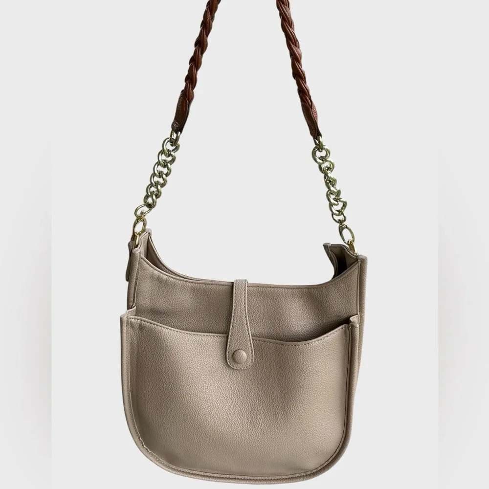 Ahdorned Braided Strap Shoulder Vegan Leather Taupe Minimalist Everyday Purse